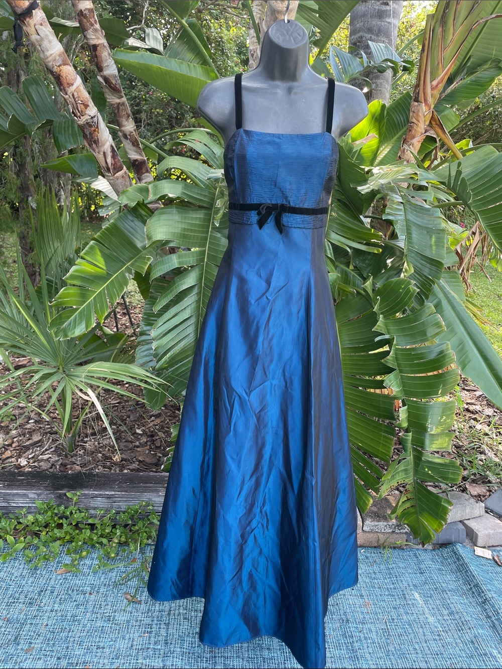 Velvet trimmed metallic blue vintage dress
